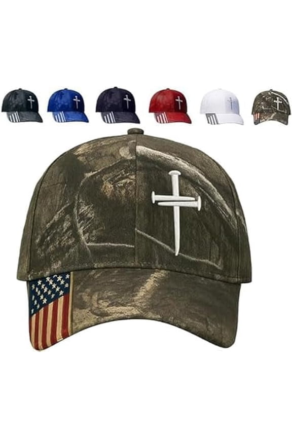 Adjustable Christian Hat – Jesus 3 Nail Cross & American Flag Design,Religious Headwear for All(RL Camouflage 1 PC)