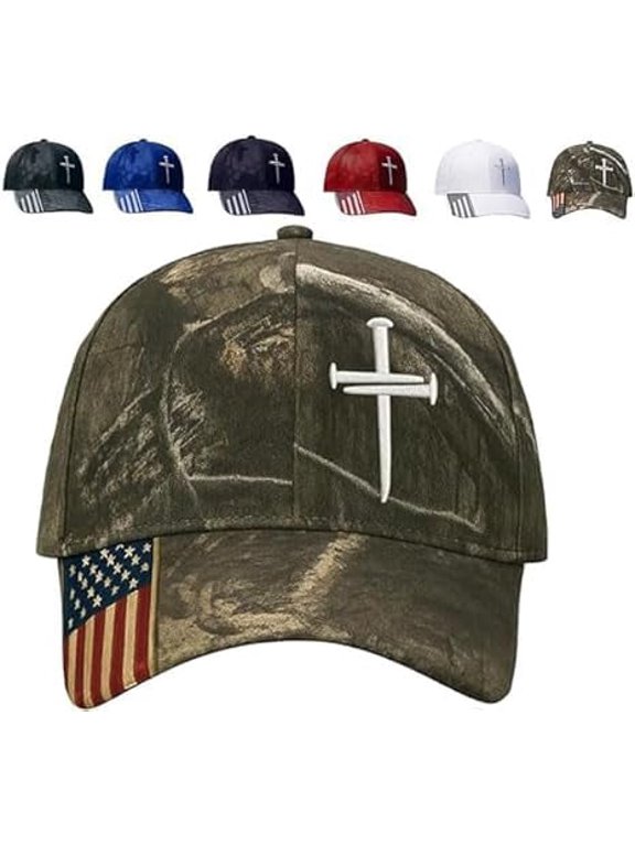 Adjustable Christian Hat – Jesus 3 Nail Cross & American Flag Design,Religious Headwear for All(RL Camouflage 1 PC)