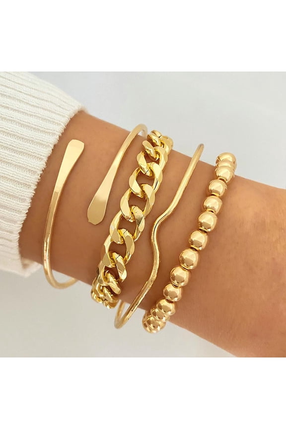 Adjustable Chunky Gold Geometric Cuff Stacking Bracelet Set 4 Piece Boho Layered Jewelry