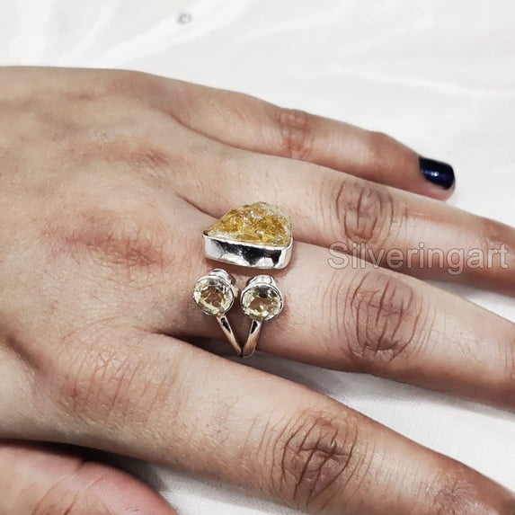 Adjustable Citrine Ring, Rough Citrine Gemstone Ring, November Birthstone, Triple Stone, 925 Sterling Silver, Womens Ring, Christmas, Thanksgiving, Handmade, Statement Jewelry, Rough Gemstone Jewelry