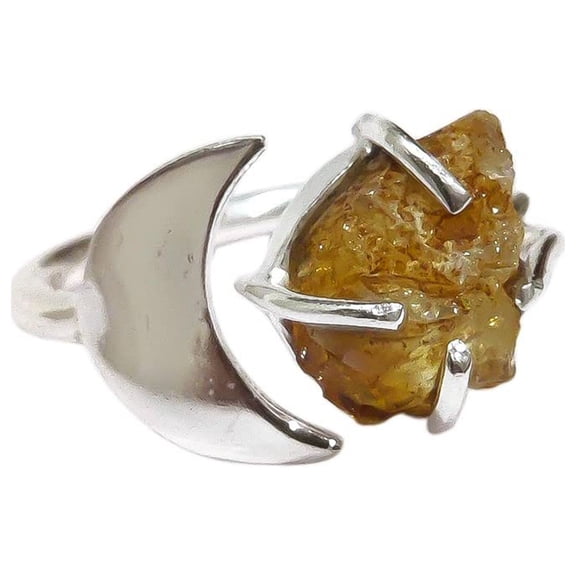 Adjustable Citrine Ring, Rough Citrine Gemstone Ring, November Birthstone, Crescent Moon, 925 Sterling Silver, Womens Ring, Christmas, Thanksgiving, Handmade, Statement Jewelry, Rough Gemstone Jewelry