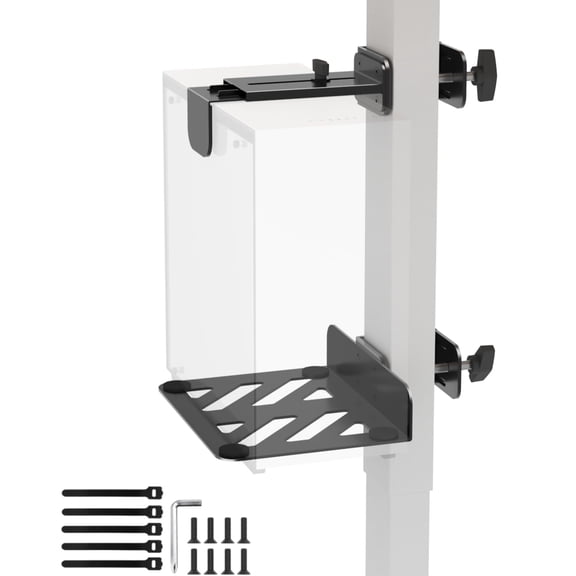 Under Desk PC Mount for Standing Desk, Clamp-On Desk Leg Computer Mount | No Drilling, Adjustable Computer Case CPU Holder Holds Up to 44lbs, Black PC Tower Moun With cable Ties to Manage cables
