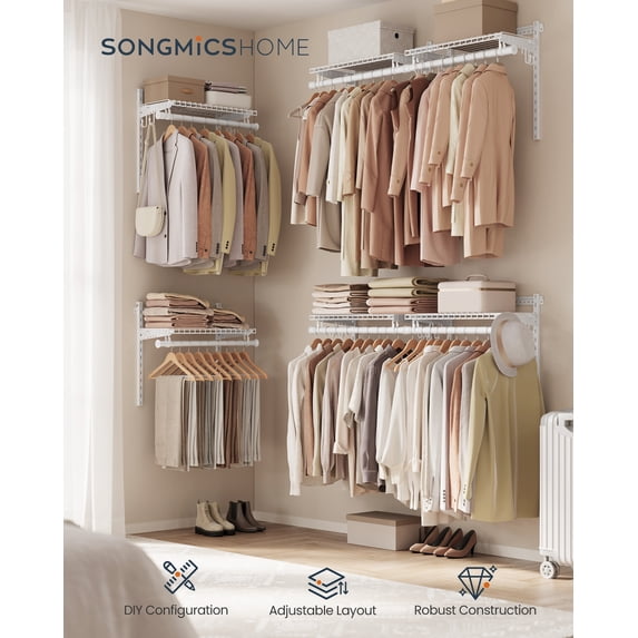 SONGMICS HOME Closet System, Closet Insert Organizer, 4-8 ft, Adjustable Metal Shelving Unit with 6 Hanging Rods, 6 Shelves, and Hooks, for Pantry Mudroom Garage Basement, Cloud White