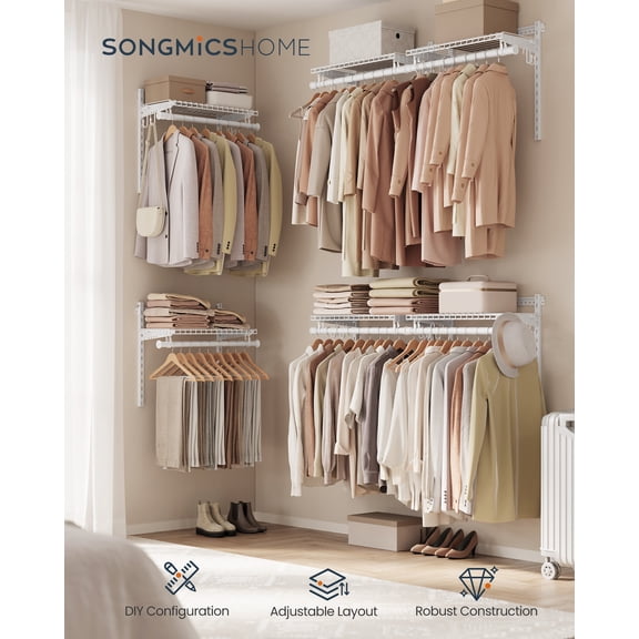 SONGMICS HOME Closet System, Closet Insert Organizer, 4-8 ft, Adjustable Metal Shelving Unit with 6 Hanging Rods, 6 Shelves, and Hooks, for Pantry Mudroom Garage Basement, Cloud White