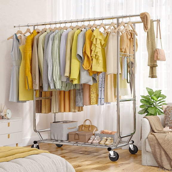 Adjustable Clothes Rack with Wheels,Heavy Duty Double Rod Clothing Rack 650 lbs, Expandable 51-75"W Rolling Garment Rack for Hanging Clothes,Bedroom Laundry,Silver