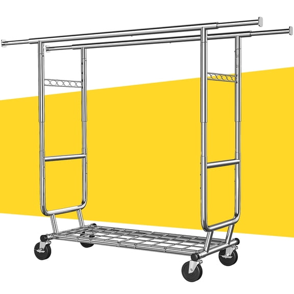 Adjustable Clothes Rack with Wheels,Heavy Duty Double Rod Clothing Rack 650 lbs, Expandable 51-75"W Rolling Garment Rack for Hanging Clothes,Bedroom Laundry,Silver