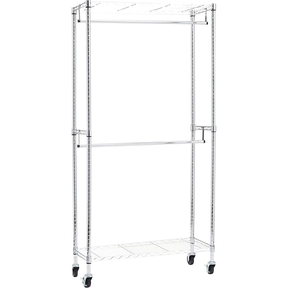 Adjustable Clothes Rack for Handing, Double Hanging Rod Garment Rolling Closet Clothing Organizer, Chrome, 36'' x 14'' x 72''