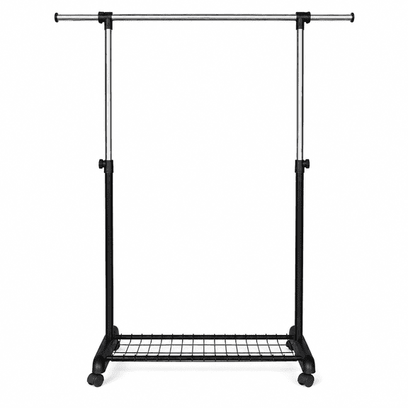 Adjustable Clothing Rack for Hanging Clothes, Heavy Duty Garment Rack with Wheels, Free Standing Rolling Clothes Rack with Shelf & Grid, Easy Assembly Rod, Black & Chrome