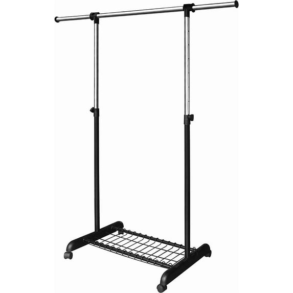 Adjustable Clothing Rack for Hanging Clothes, Heavy Duty Garment Rack with Wheels,Free Standing Rolling Clothes Rack with Shelf & Grid, Easy Assembly Standard Rod, Black & Chrome