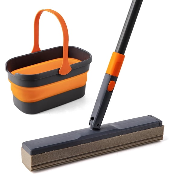 Adjustable Collapsible Sponge Mop & Bucket Kit, Hands-Free Floor Cleaning Tools for Home Use,Black+Orange