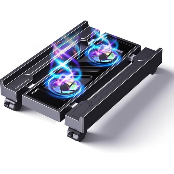 Adjustable Computer Tower Stand with Cooler Fan and Light, PC for Floor, Mobile CPU Holder 4 Caster Wheels Fits Most Tower, Under Desk Office,Gamers Students