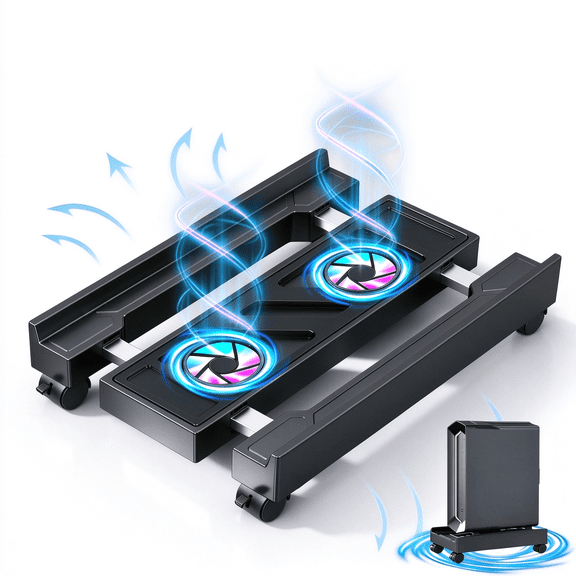 Yolispa Adjustable Computer Tower Stand with Cooling Fan, Mobile CPU Stand with 4 Rolling Casters, Under Desk CPU Holder PC Floor Cart PC Riser for Office,Gamers and Students