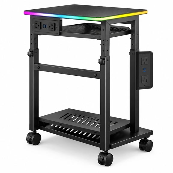 Adjustable Computer Tower Stand with RGB LED Lighting and USB Port, 2-Tier Mobile CPU Cart with Lockable Casters, Black