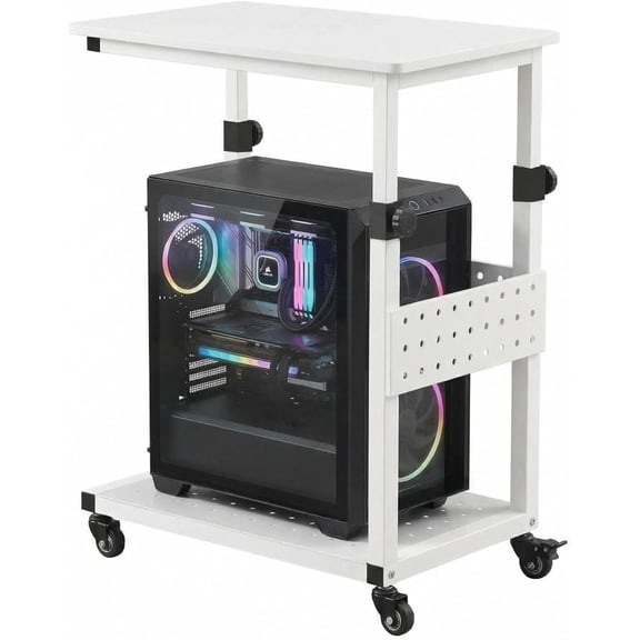 Adjustable Computer Tower Stand with Wheels Heavy Duty Rolling CPU Cart Under Desk Mobile PC Holder for Home Office and Classroom Use White