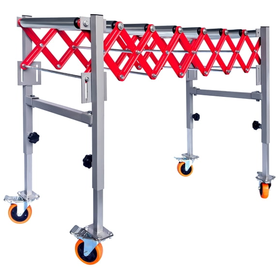 Adjustable Conveyor Roller Table, 600 LBS Load Capacity, Red, Length Range 13.7~47", Stainless Steel Conveyor Belt with 4 Swivel Lockable Casters & 8 Rollers for Heavy Goods Transfer, Supermarkets