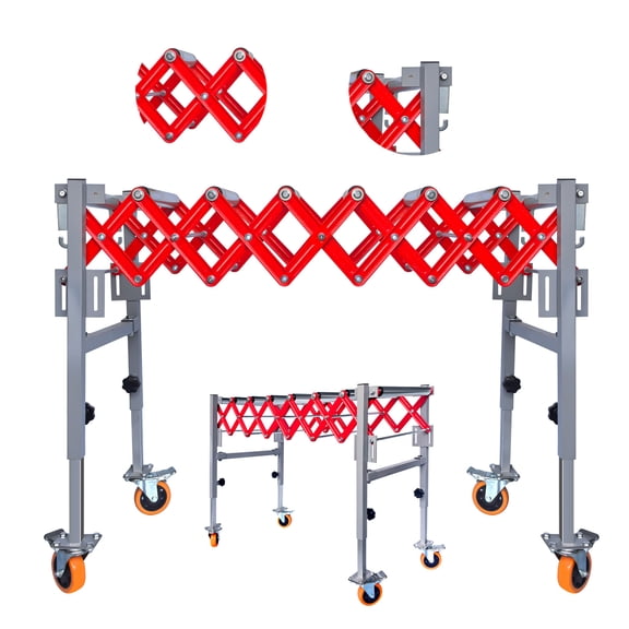 Adjustable Conveyor Roller Table with 8 Rollers & 4 Movable Casters, Red, Height Range 27.5~43" & Modular Splicing, Conveyor Belt with 600 LBS Load Capacity for Docks, Supermarkets
