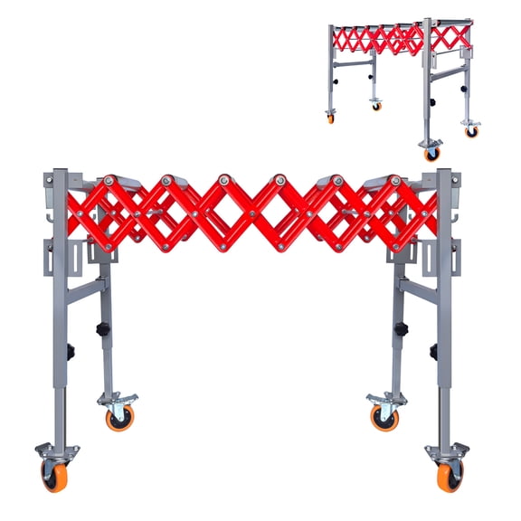 Adjustable Conveyor Roller Table & Built-In Hooks, 800 LBS Load Capacity, 8 Rollers, 4 Swivel Casters, Height Range 27.5~43 Inch & Stainless Steel, Conveyor Belt for Airports, Docks