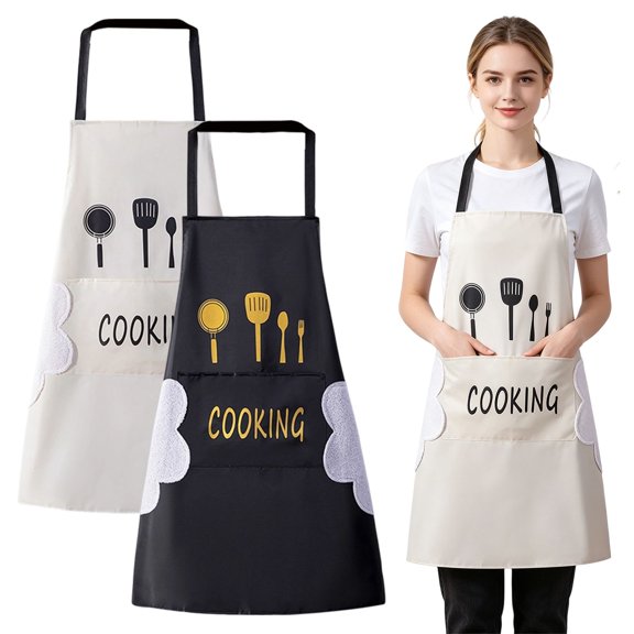Adjustable Cooking Apron with Front Pockets, Waterproof Oil Resistant Kitchen Apron with Wipeable Hand Cloths, Cute Utensil Print Chef Apron for Baking Grilling BBQ Housewarming Gift