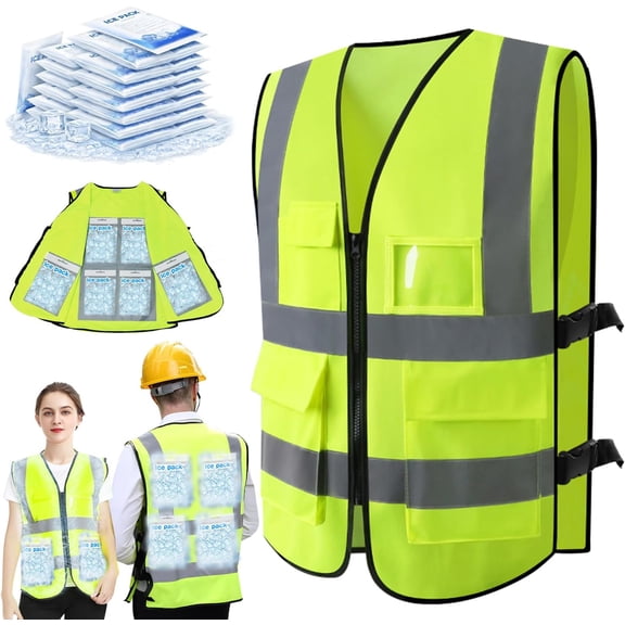 Adjustable Cooling Safety Vest with 24 Gel Ice Packs - High Visibility Reflective for Hot Weather Work