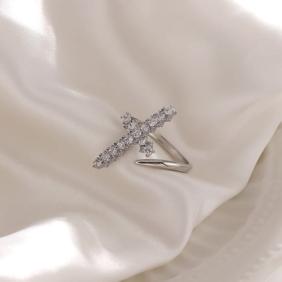Adjustable Copper Ring, Micro-Inlaid Zircon Cross Design, Gold-Plated or Silver-Plated, Fashion Jewelry for Women