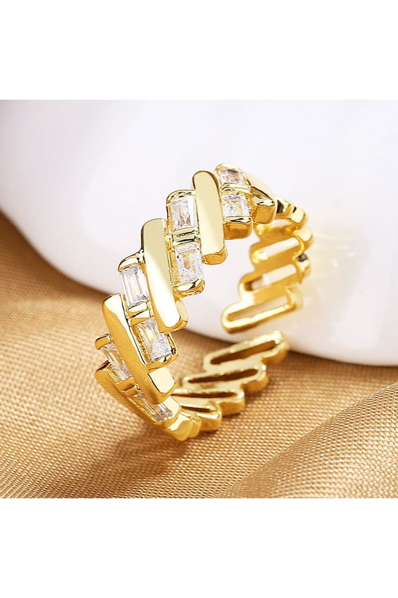 Adjustable Copper Ring for Women, Retro Geometric Design with Inlaid Zircon and Chain Element, Gold Tone