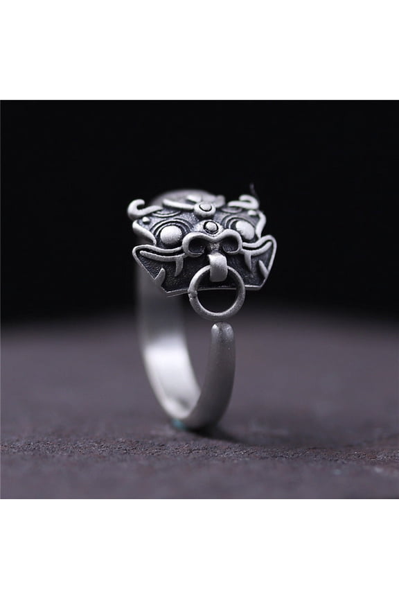 Adjustable Copper Ring with Thai Silver Animal Head Applique Pepper God Beast Gluttonous Design