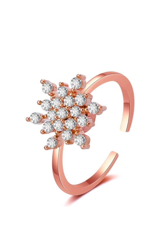 Adjustable Copper Snowflake Ring with Inlaid Zircon, Electroplated, Womens Christmas Gift Jewelry