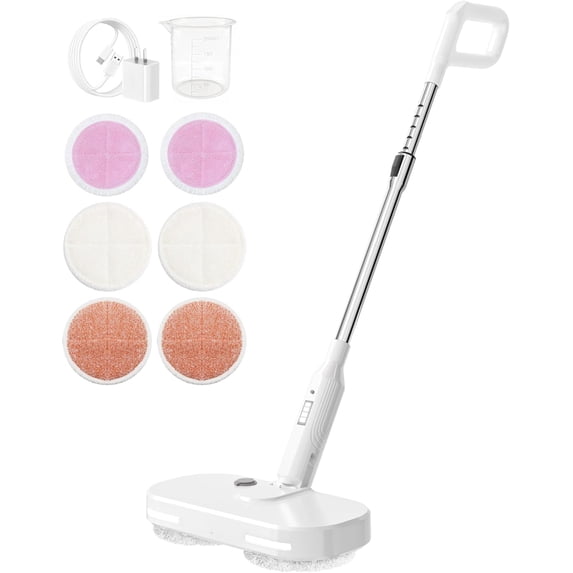 Adjustable Cordless Electric Spin Mop with self-propelled water sprayer/8000mAh Battery/LED Headlight,self-propelled design with 6 Washable mop Pads for Hardwood, Tile Floors, Quiet Cleaning/Waxing