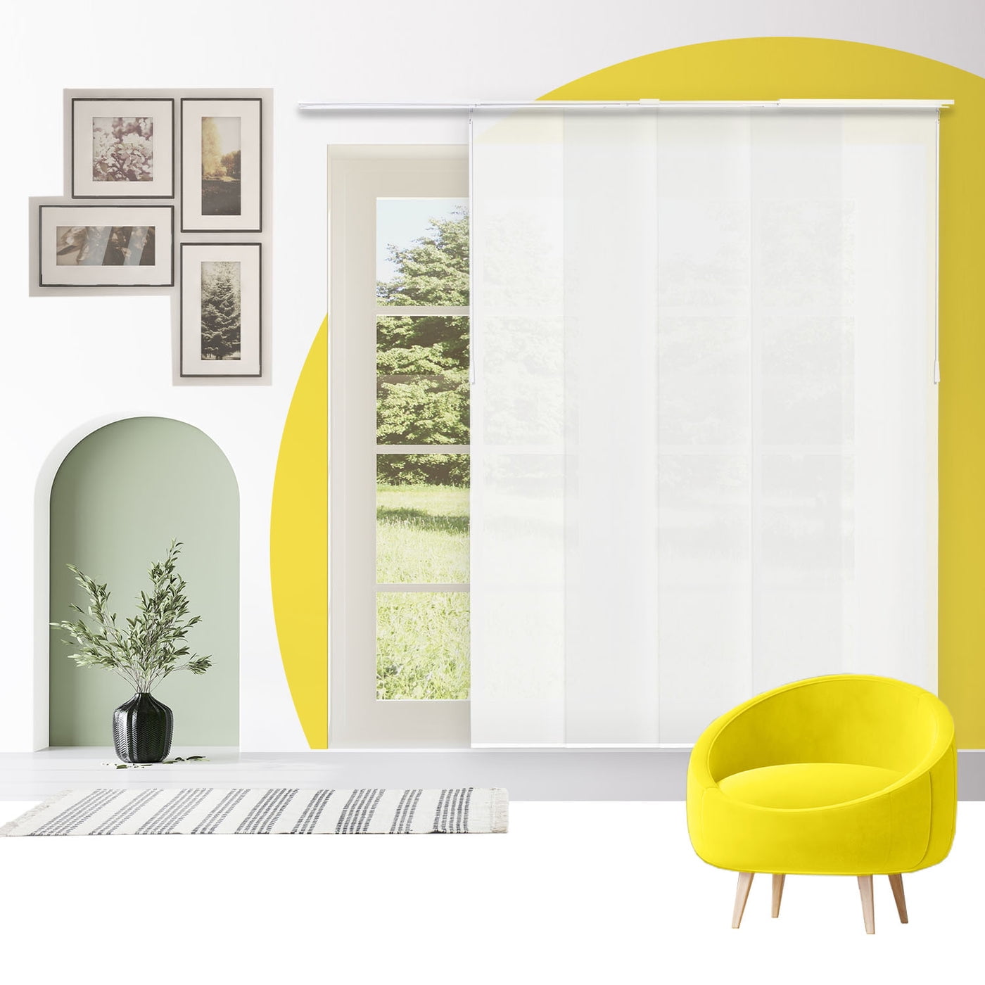 Adjustable Cordless Light Filtering Panel Track Blinds, Sunset White - 46"-86"W X 0"-96"H