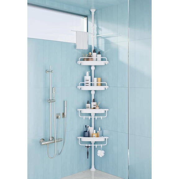 Adjustable Corner Shower Caddy with Tension Pole, 4-Tier Rustproof Shelves and Towel Bars, Freestanding Bathroom Organizer, All-White, 32–122 Inch Height