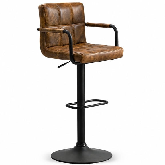 Adjustable Counter Height Bar Stools Set of 2 with Back and Armrest, Modern Square PU Leather Kitchen Stools for Kitchen Bar Pub Cafe, Yellow Brown