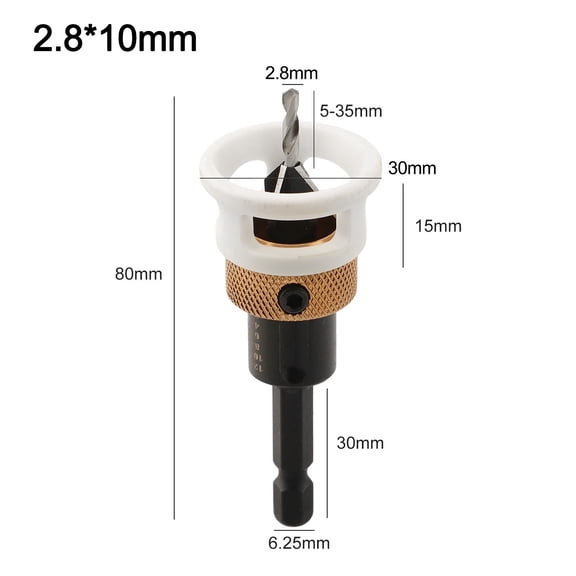 Adjustable Countersink Drill Bits Set With Depth Stop Hex Shank For Woodworking Projects Drilling Carbide Tip 6 Sizes Available(2.8×10mm)