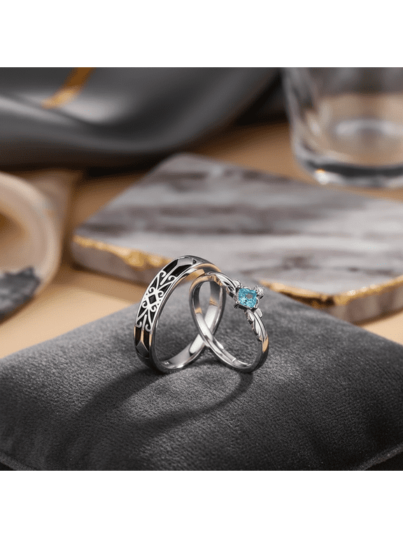 Adjustable Couple Rings Set Stainless Steel Matching Open Band Rings with Blue Zirconia Stone Vintage Engraved Design Elegant Fashion Jewelry Ring Pair for Women and Men