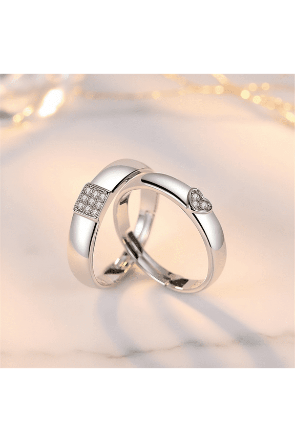 Adjustable Couple Rings Set Stainless Steel Open Band Matching Rings with Heart and Square Zirconia Design Elegant Fashion Jewelry Pair Ring Pack of 2