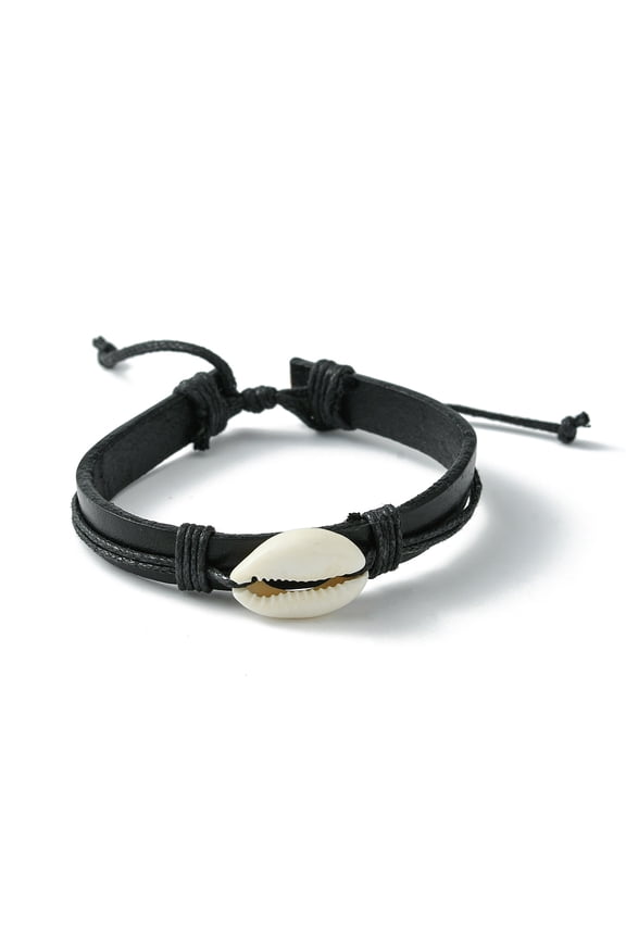 Adjustable Cowhide Leather Cord Bracelets with Cowrie Shell Beads and Nylon Thread Cord Burlap Paking Pouches Drawstring Bags Black 2-1/8 inch~3-3/8 inch(5.3~8.5cm) 10.5mm