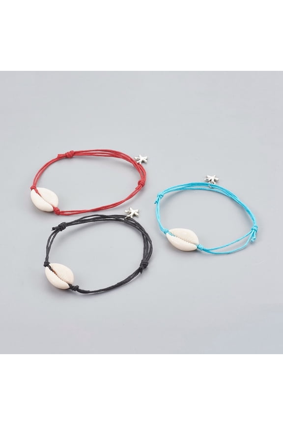 Adjustable Cowrie Shell Anklets with Tibetan Style Alloy Starfish/Sea Stars Charms and Chinese Waxed Cotton Cord Mixed Color 6-1/4 inch~11-3/8 inch