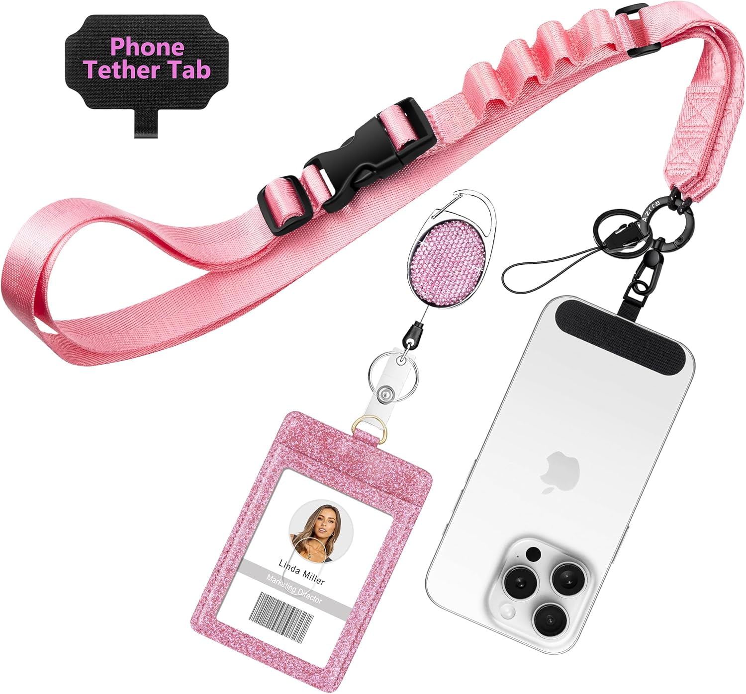 Adjustable Crossbody Cell Phone Lanyard for iPhone with Phone Tethers & Retractable ID Badge Card Holder (Pink)