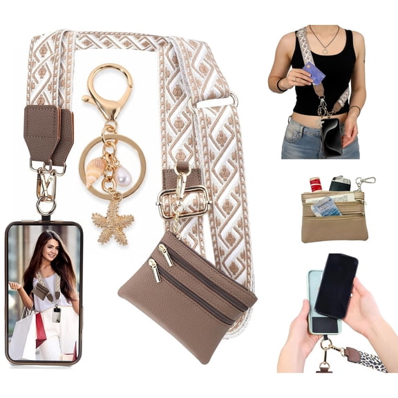 Huzeijin Adjustable Clip and Go Strap for Phone With Wallet Crossbody Ornaments, Phone Strap with Zippered Pouch for All Phones