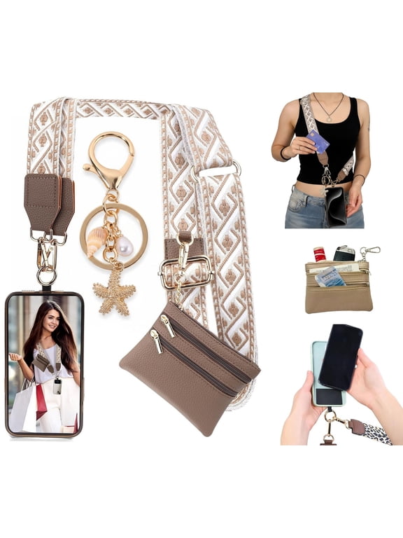 Adjustable Clip and Go Strap for Phone With Wallet Crossbody Ornaments, Phone Strap with Zippered Pouch for All Phones