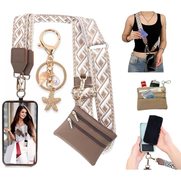 Huzeijin Adjustable Clip and Go Strap for Phone With Wallet Crossbody Ornaments, Phone Strap with Zippered Pouch for All Phones