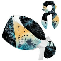 Adjustable Crow Surgical Scrub Cap with Button, Ponytail Pouch, Sweatband for Women with Bow Hair Scrunchy