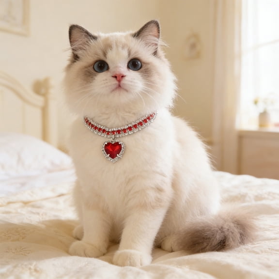 Adjustable Crystal Rhinestone Pet Collar for Cats and Small Dogs with Heart Charm – Sparkly Bling Collar for Parties, Photoshoots, and Everyday Wear