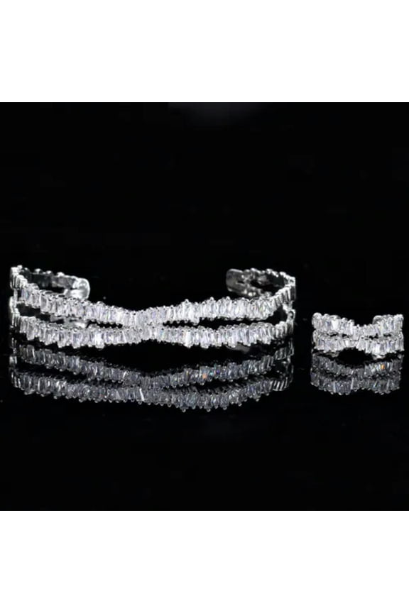 Adjustable Cubic Zircon Rose Gold Crystal Bangle Ring Sets Women Brand Jewelry
