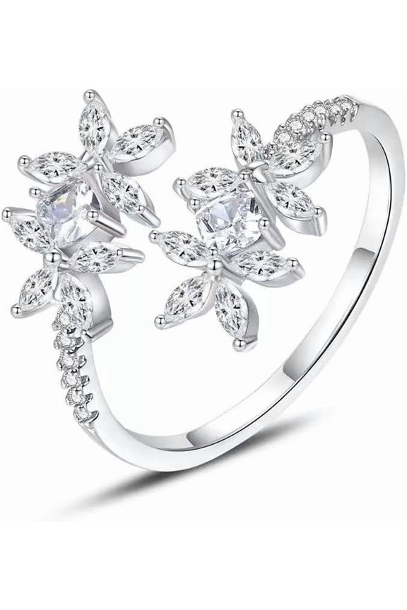 Adjustable Cubic Zirconia Ring for Women, Stackable Leaf Flower Design, Open Style