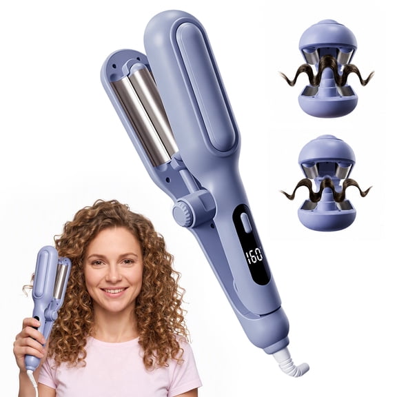 Adjustable Curling Iron Hair Crimper Waver - Beach Waves Curling Wand, Ionic Deep Waver Hair Curler Tool with Ceramic 3 Barrel for Women, Dual Voltage, Anti-Scald, Easy to Use, 1&1.25 Inch