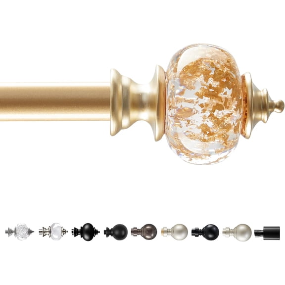 Adjustable Curtain Rod 66-120 Inch Long with Gold Decorative Finials, 3/4 Inch Heavy Duty Metal Window Rod, Wall‑Mount Hardware Included, Fits Curtains for Sliding Glass Door Patio Bedroom