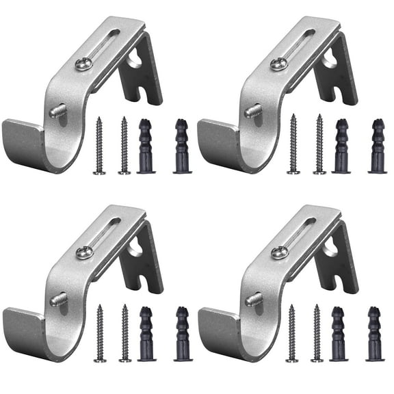 Adjustable Curtain Rod Brackets Hooks Hardware for 1 inch Rod Set of 4,Silver