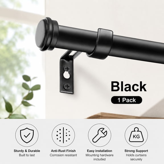 Adjustable Curtain Rods 32-168 Inch, 1 Inch Black Heavy Duty Drapery Rods, Modern Indoor Outdoor Curtain Poles for Bedroom Living Room Patio