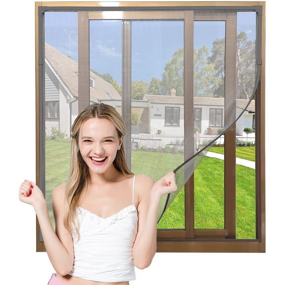 Adjustable DIY Magnetic Window Screen Max 55 x 36 Fits Any Size Smaller with Gray Frame Fiberglass Mesh