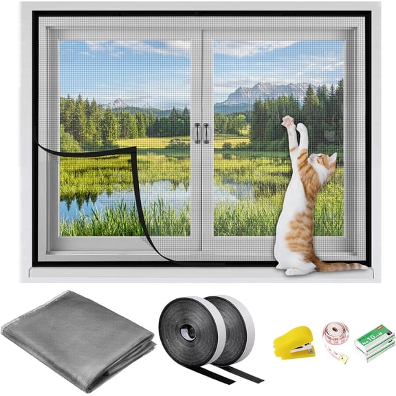 Adjustable DIY Self Adhesive Window Screen 36x55 Inch, Removable Fibreglass Screen Mesh Netting with Hook and Loop Tape, Fitted to Most Windows for Anti Bugs Mosquito Anti Pet Scratch (Grey, 1 Set)